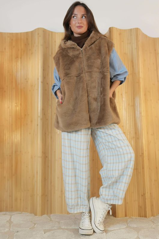 Mara Luxury Faux Fur Hooded Gilet Camel